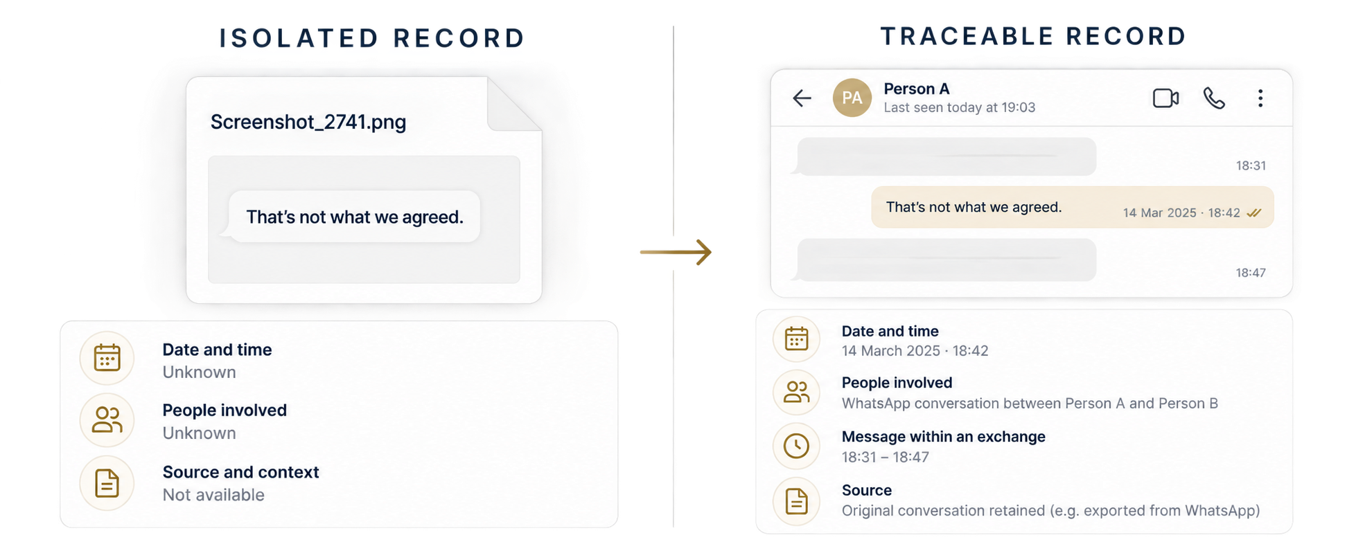 The same message shown alone, then with its date, participants, surrounding conversation and original source retained.